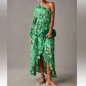 Farm Rio/Anthropologie Dress One Shoulder Ruffle Green Print/Living Nature XS